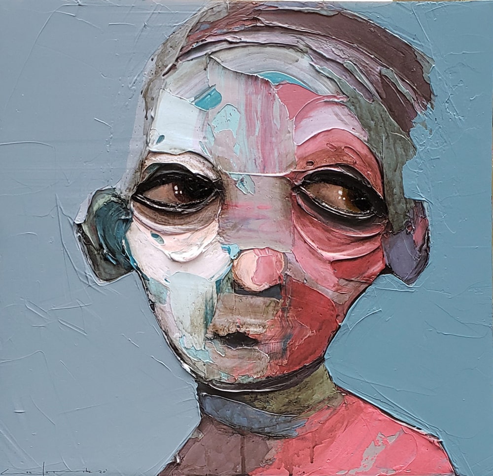 Portrait à la peinture acrylique à vendre à notre galerie d'art contemporain de Montréal. « En attendant no.1 » par Sylvain Coulombe à la Galerie Blanche.