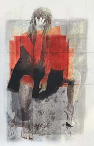 Techniques mixtes sur papier japonais portrayant une femme abstraite. « By the Way » par Joann Côté à vendre à la Galerie Blanche de Montréal.