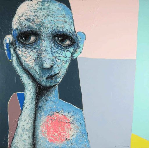 Portrait à la peinture acrylique à vendre à notre galerie d'art contemporain de Montréal. « I'm dreaming with my heart » par Sylvain Coulombe à la Galerie Blanche.