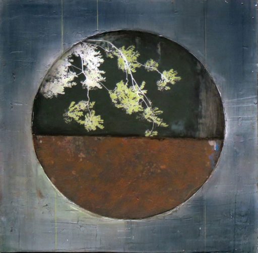 Paysage abstrait en techniques mixtes sur bois « Asian Fusion II » par Amélie Desjardins. Art contemporain à vendre à la Galerie Blanche de Montréal.
