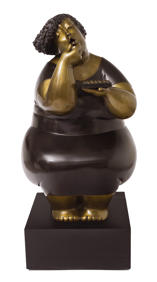 Sculpture de bronze d'une femme assise par Rose-Aimée Bélanger à vendre en galerie d'art à Montréal. « Chocolate Ecstasy » disponible à la Galerie Blanche.
