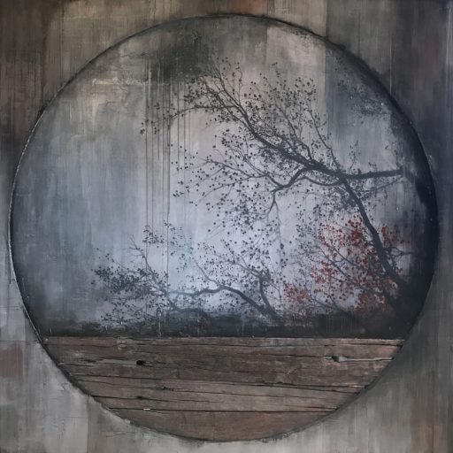 Paysage abstrait en techniques mixtes sur bois « Noche » par Amélie Desjardins. Art contemporain à vendre à la Galerie Blanche de Montréal.