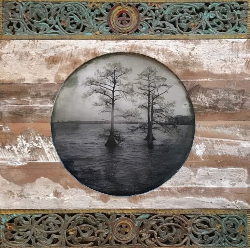Paysage abstrait en techniques mixtes sur bois « Déjà si loin » par Amélie Desjardins. Art contemporain à vendre à la Galerie Blanche de Montréal.