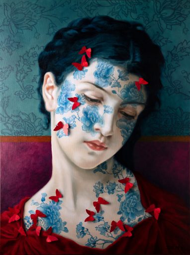 Jeune fille with butterflies, une peinture à l'huile par Serge Déry. Art contemporain à vendre à la Galerie Blanche de Montréal.