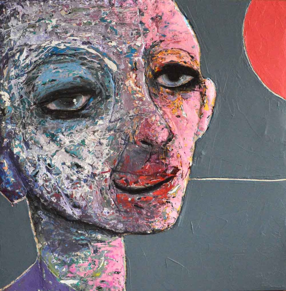 Portrait à la peinture acrylique à vendre à notre galerie d'art contemporain de Montréal. « Enfin la chaleur » par Sylvain Coulombe à la Galerie Blanche.