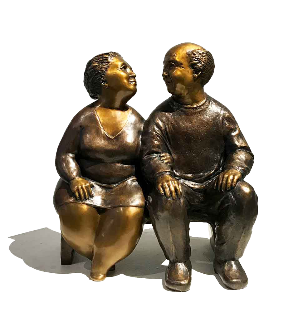 Sculpture de bronze d'un couple par Rose-Aimée Bélanger à vendre en galerie d'art à Montréal. « Le temps des cerises » disponible à la Galerie Blanche.