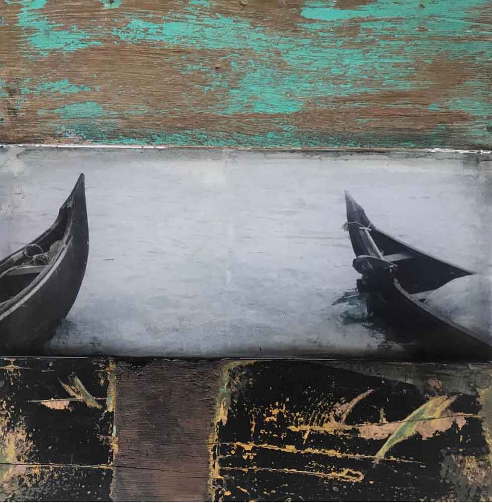 Paysage abstrait en techniques mixtes sur bois « Ainsi soit-il » par Amélie Desjardins. Art contemporain à vendre à la Galerie Blanche de Montréal.