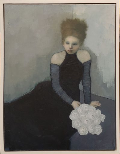 Peinture à l'huile sur canevas par J.T. Winik à vendre en galerie d'art à Montréal. « Glamour Girl II » disponible à la Galerie Blanche.
