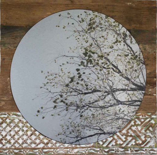Paysage abstrait en techniques mixtes sur bois « À tous nos printemps » par Amélie Desjardins. Art contemporain à vendre à la Galerie Blanche de Montréal.