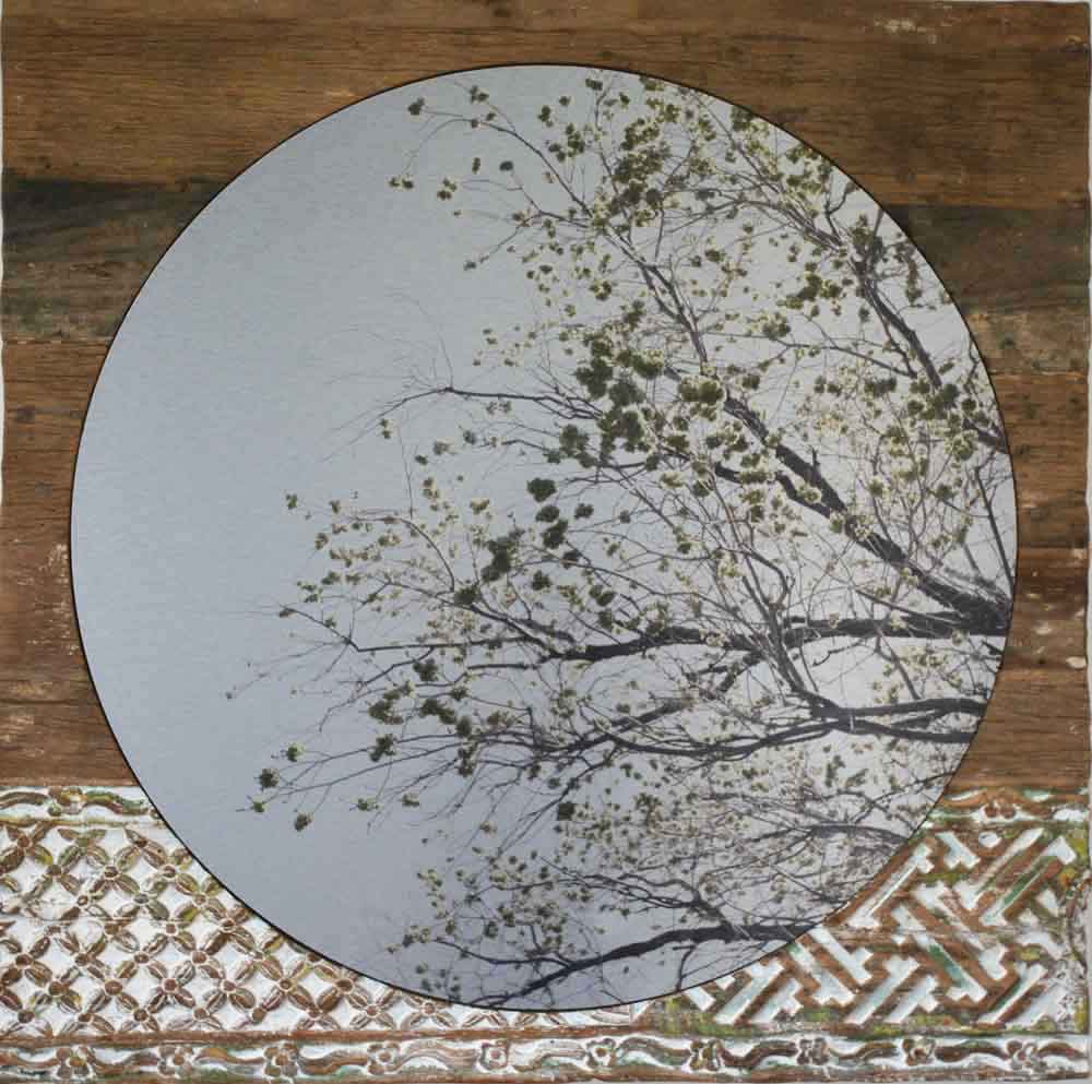 Paysage abstrait en techniques mixtes sur bois « À tous nos printemps » par Amélie Desjardins. Art contemporain à vendre à la Galerie Blanche de Montréal.