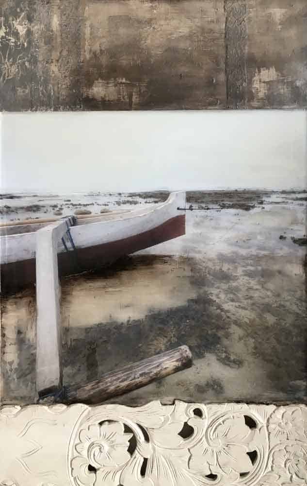 Paysage abstrait en techniques mixtes sur bois « Nested Away I » par Amélie Desjardins. Art contemporain à vendre à la Galerie Blanche de Montréal.