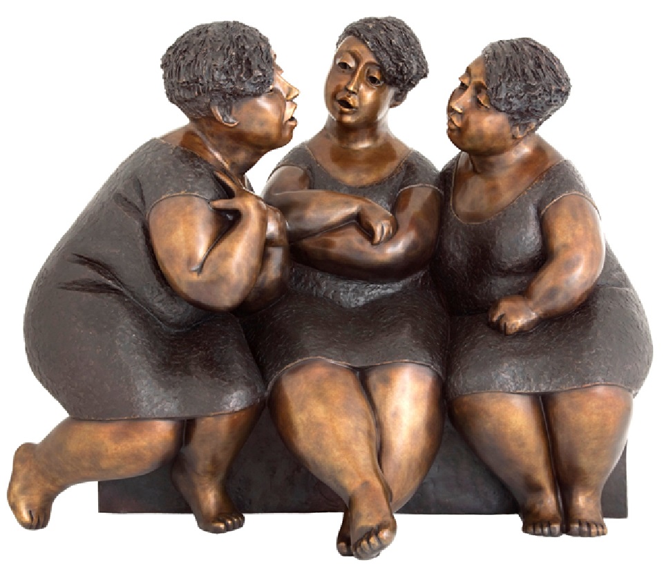Grande sculpture de bronze par Rose-Aimée Bélanger à vendre en galerie d'art à Montréal. « Les chuchoteuses » disponible à la Galerie Blanche.