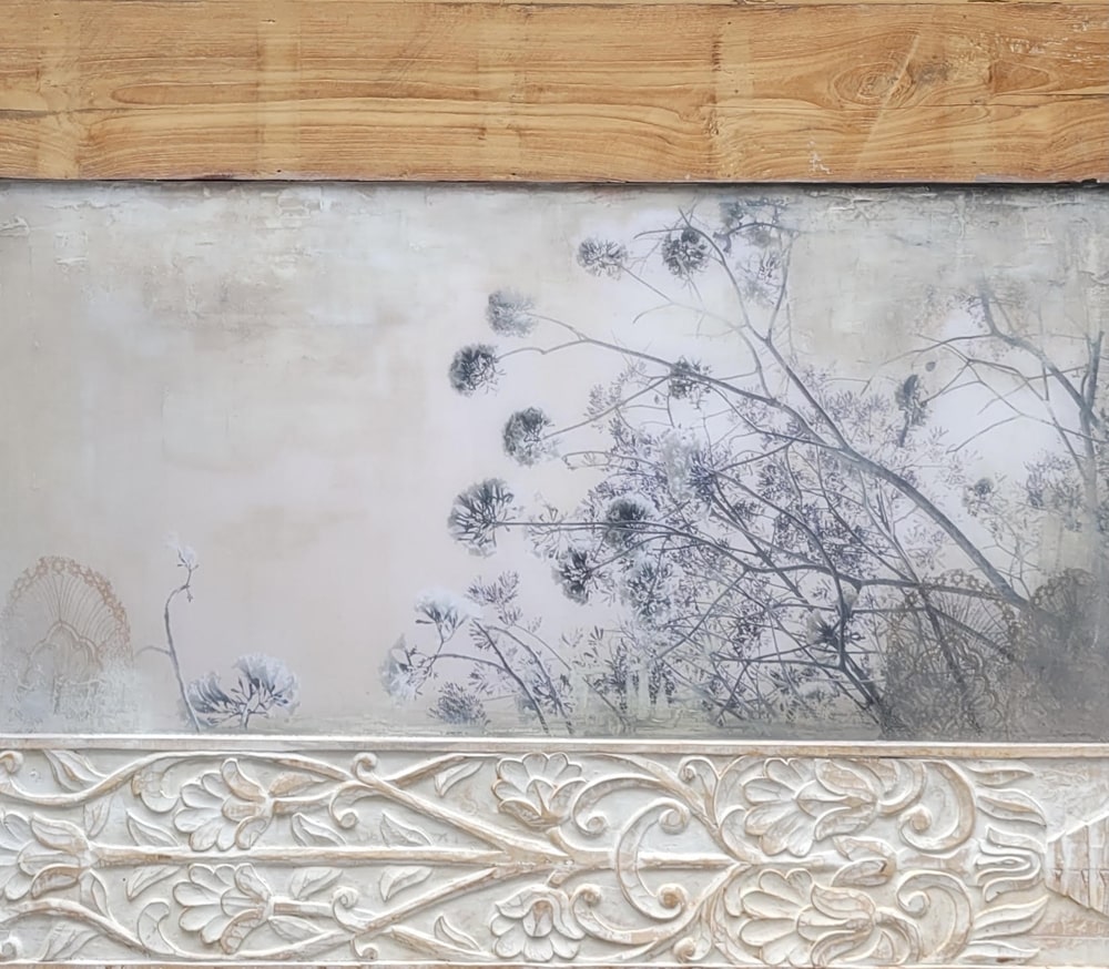 Paysage abstrait en techniques mixtes sur bois « Les nymphes » par Amélie Desjardins. Art contemporain à vendre à la Galerie Blanche de Montréal.