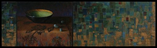 Peinture à l'huile et Kintsugi sur panneau par Bruno Capolongo à vendre en galerie d'art à Montréal. « The Black Nest » disponible à la Galerie Blanche.