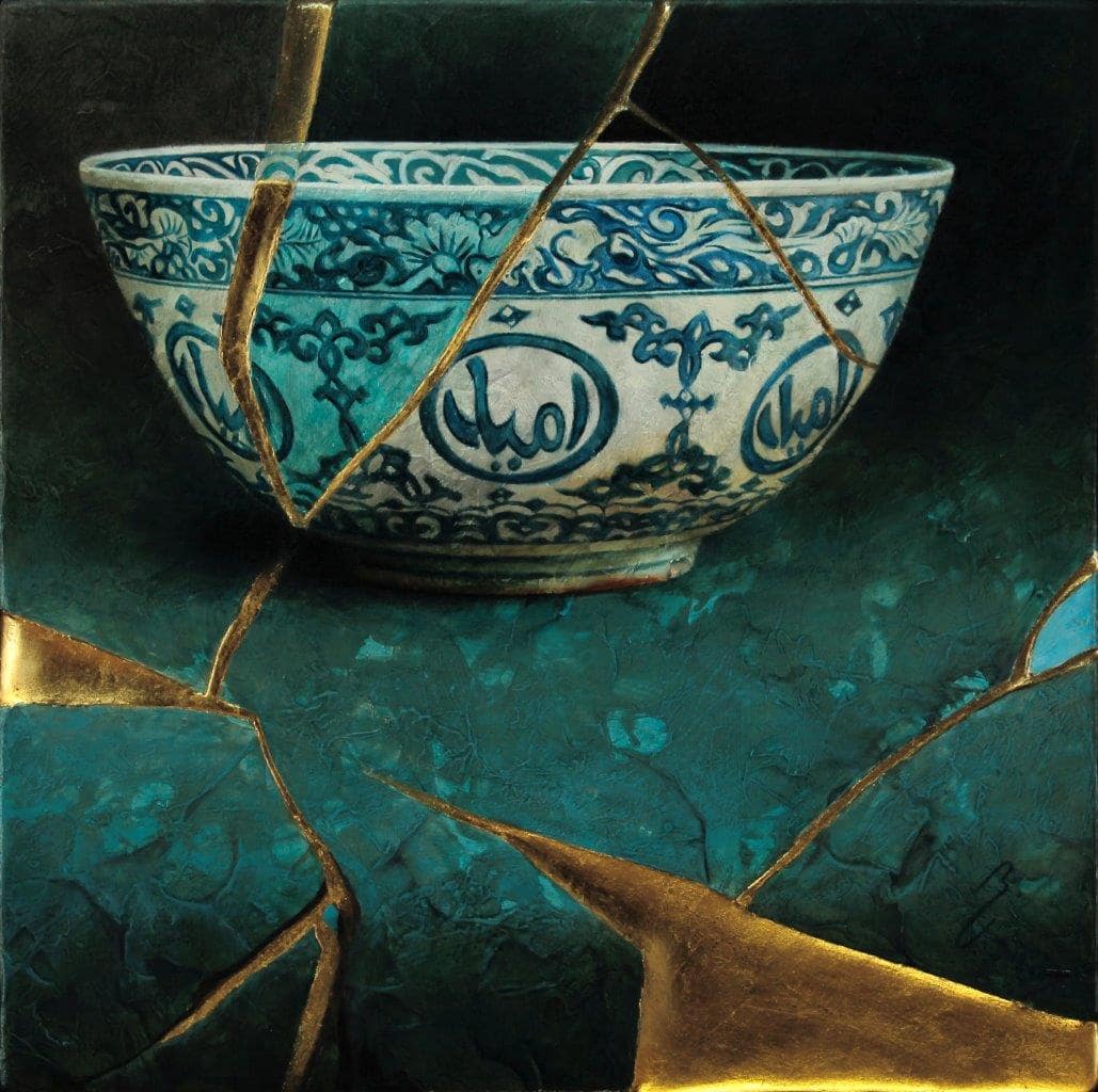 Peinture à l'huile et Kintsugi sur panneau par Bruno Capolongo à vendre en galerie d'art à Montréal. « Persian Blues » disponible à la Galerie Blanche.