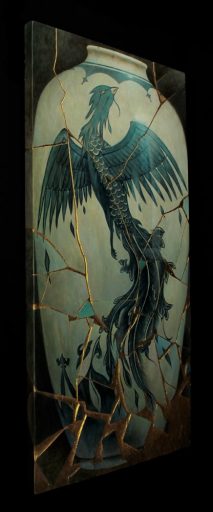 Peinture acrylique Kintsugi sur panneau par Bruno Capolongo à vendre en galerie d'art à Montréal. « The phoenix » disponible à la Galerie Blanche.