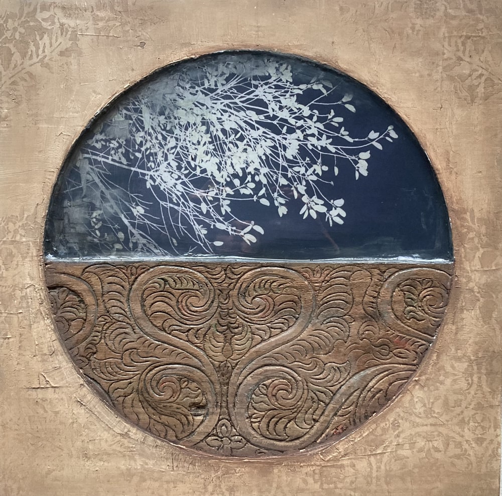 Paysage abstrait en techniques mixtes sur bois « Sabi » par Amélie Desjardins. Art contemporain à vendre à la Galerie Blanche de Montréal.