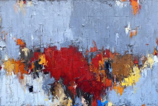 Composition avec du rouge par Dominik Sokolowski, une peinture à l'huile sur toile. Art contemporain à vendre à la Galerie Blanche de Montréal.