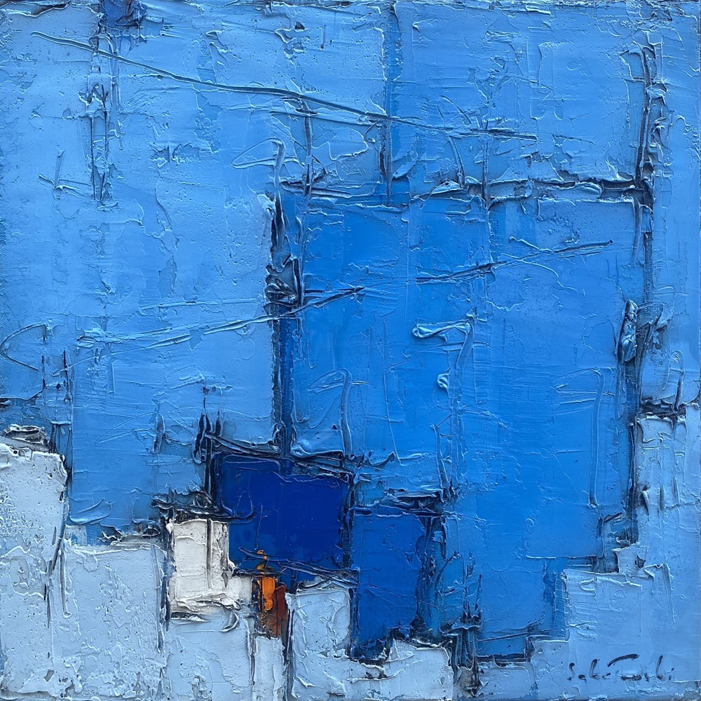 Grand Bleu no.12 par Dominik Sokolowski, une peinture à l'huile sur toile. Art contemporain à vendre à la Galerie Blanche de Montréal.