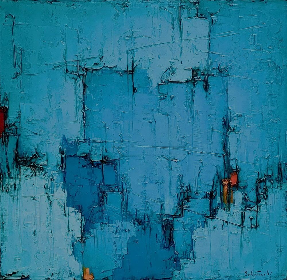 Grand Bleu no.8 par Dominik Sokolowski, une peinture à l'huile sur toile. Art contemporain à vendre à la Galerie Blanche de Montréal.