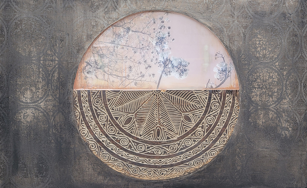 Paysage abstrait en techniques mixtes sur bois « Nocturnal Blooming » par Amélie Desjardins. Art contemporain à vendre à la Galerie Blanche de Montréal.