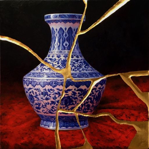 Peinture à l'huile et Kintsugi sur panneau par Bruno Capolongo à vendre en galerie d'art à Montréal. « Scarlet Kintsugi Vase » disponible à la Galerie Blanche.