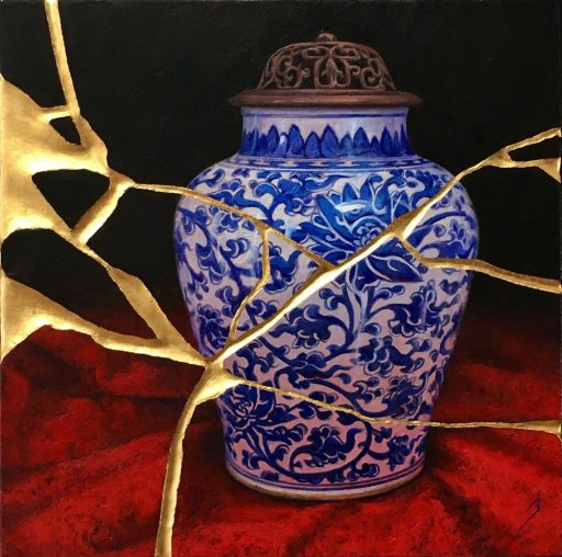 Peinture acrylique Kintsugi sur panneau par Bruno Capolongo à vendre en galerie d'art à Montréal. « Scarlet Vase with lid Kintsugi » disponible à la Galerie Blanche.