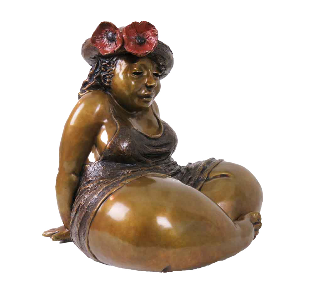 Sculpture de bronze d'une femme assise par Rose-Aimée Bélanger à vendre en galerie d'art à Montréal. « Femme aux coquelicots » disponible à la Galerie Blanche.