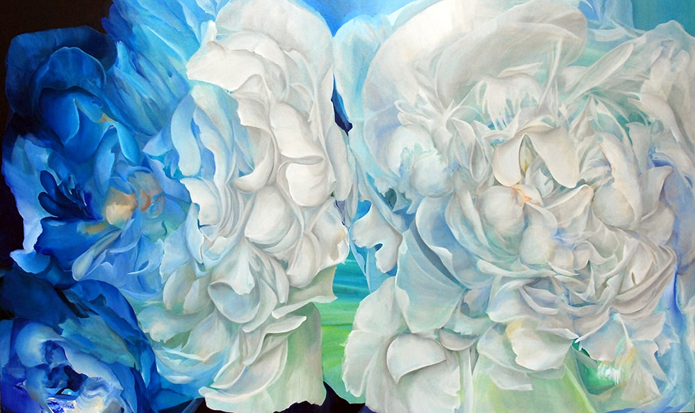 Roses abstraites en techniques mixtes sur toile « Take my heart as you go » par Elle Belz. Art contemporain à vendre à la Galerie Blanche de Montréal.