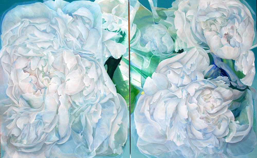 Roses abstraites en techniques mixtes sur toile « Take my heart as you go no.2 » par Elle Belz. Art contemporain à vendre à la Galerie Blanche de Montréal.