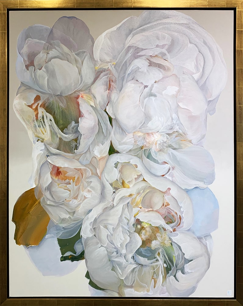 Roses abstraites en techniques mixtes sur toile « Take my heart as you go no.3 » par Elle Belz. Art contemporain à vendre à la Galerie Blanche de Montréal.