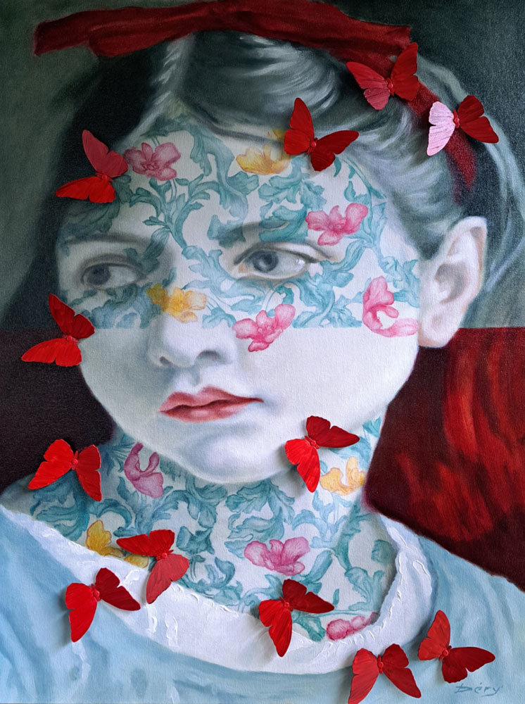 Girl with butterflies par Serge Déry, une peinture à l'huile sur panneau de bois. Art contemporain à vendre à la Galerie Blanche de Montréal.