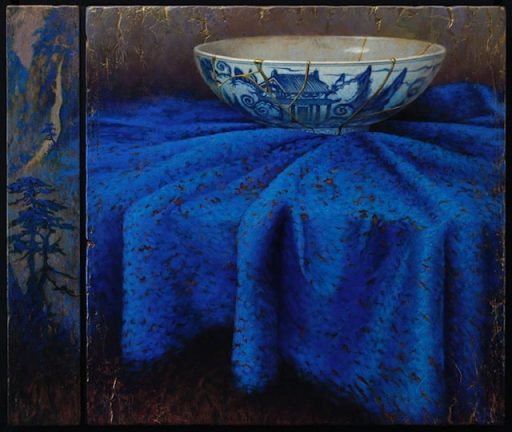 Peinture acrylique Kintsugi sur panneau par Bruno Capolongo à vendre en galerie d'art à Montréal. « Mystic Blue » disponible à la Galerie Blanche.