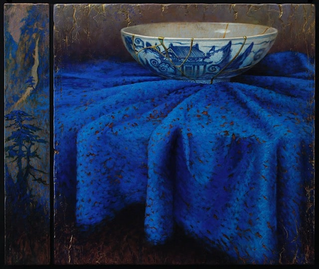 Peinture à l'huile et Kintsugi sur panneau par Bruno Capolongo à vendre en galerie d'art à Montréal. « Mystic Blue » disponible à la Galerie Blanche.