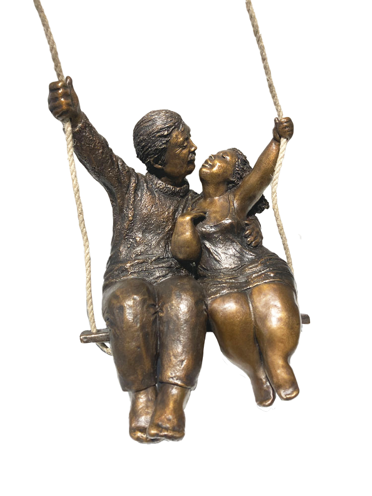 Sculpture de bronze d'un couple sur balançoire par Rose-Aimée Bélanger à vendre en galerie d'art à Montréal. « Balançoire à deux » disponible à la Galerie Blanche.