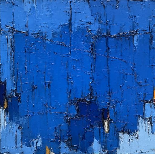 Grand Bleu no.11 par Dominik Sokolowski, une peinture à l'huile sur toile. Art contemporain à vendre à la Galerie Blanche de Montréal.