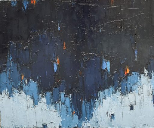 Grand Bleu no.16 par Dominik Sokolowski, une peinture à l'huile sur toile. Art contemporain à vendre à la Galerie Blanche de Montréal.
