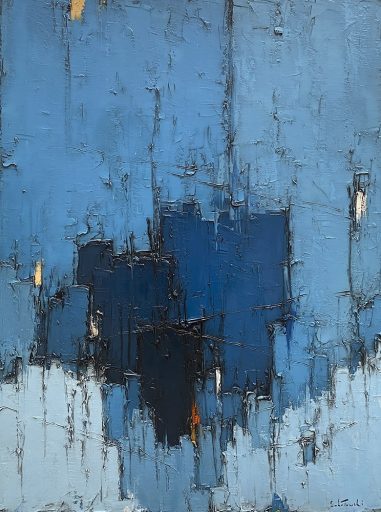 Grand Bleu no.18 par Dominik Sokolowski, une peinture à l'huile sur toile. Art contemporain à vendre à la Galerie Blanche de Montréal.