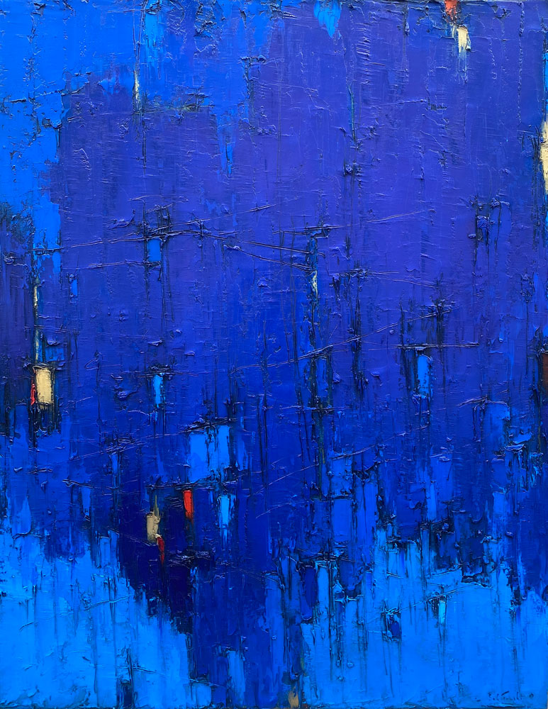 Grand Bleu no.20 par Dominik Sokolowski, une peinture à l'huile sur toile. Art contemporain à vendre à la Galerie Blanche de Montréal.
