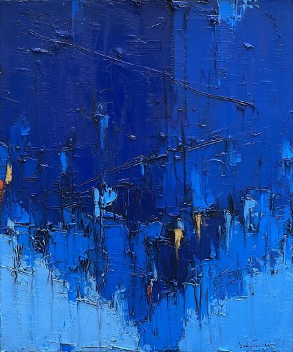 Grand Bleu no.6 par Dominik Sokolowski, une peinture à l'huile sur toile. Art contemporain à vendre à la Galerie Blanche de Montréal.