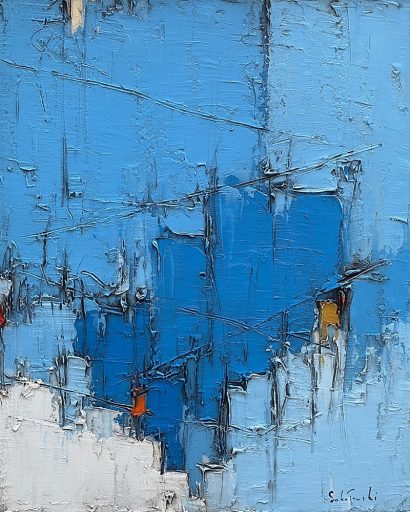 Grand Bleu no.7 par Dominik Sokolowski, une peinture à l'huile sur toile. Art contemporain à vendre à la Galerie Blanche de Montréal.