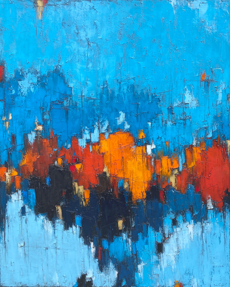 Grand Bleu no.24 par Dominik Sokolowski, une peinture à l'huile sur toile. Art contemporain à vendre à la Galerie Blanche de Montréal.