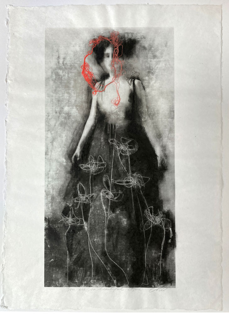 Techniques mixtes sur papier japonais portrayant une femme abstraite. « You are so beautiful to me » par Joann Côté à vendre à la Galerie Blanche de Montréal.