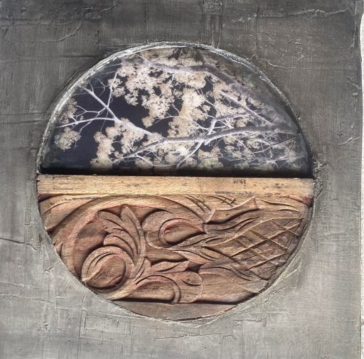Paysage abstrait en techniques mixtes sur bois « Fields of Dreams 2 » par Amélie Desjardins. Art contemporain à vendre à la Galerie Blanche de Montréal.