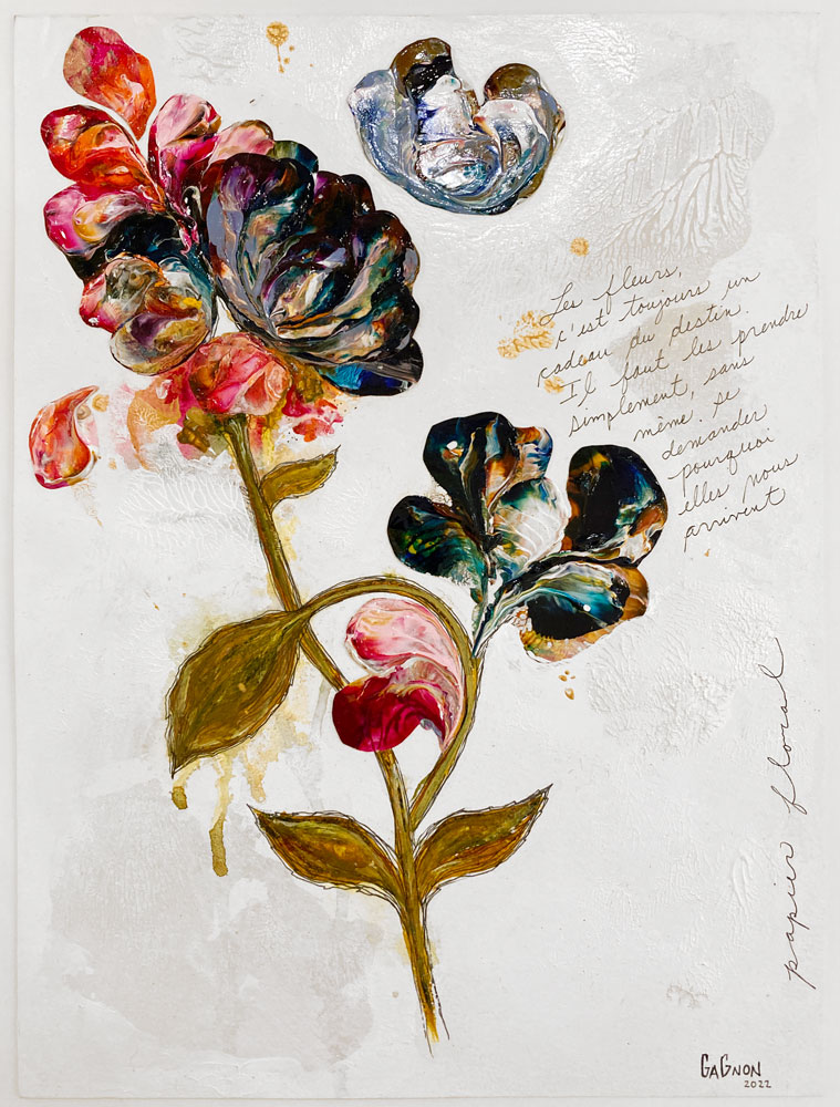 Peinture acrylique de fleur sur papier par Gagnon à vendre en galerie d'art à Montréal. « Citation No. 3 » disponible à la Galerie Blanche de Montréal.