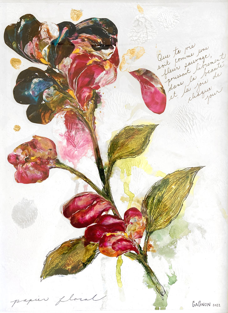 Peinture acrylique de fleur sur papier par Gagnon à vendre en galerie d'art à Montréal. « Citation No. 7 » disponible à la Galerie Blanche de Montréal.