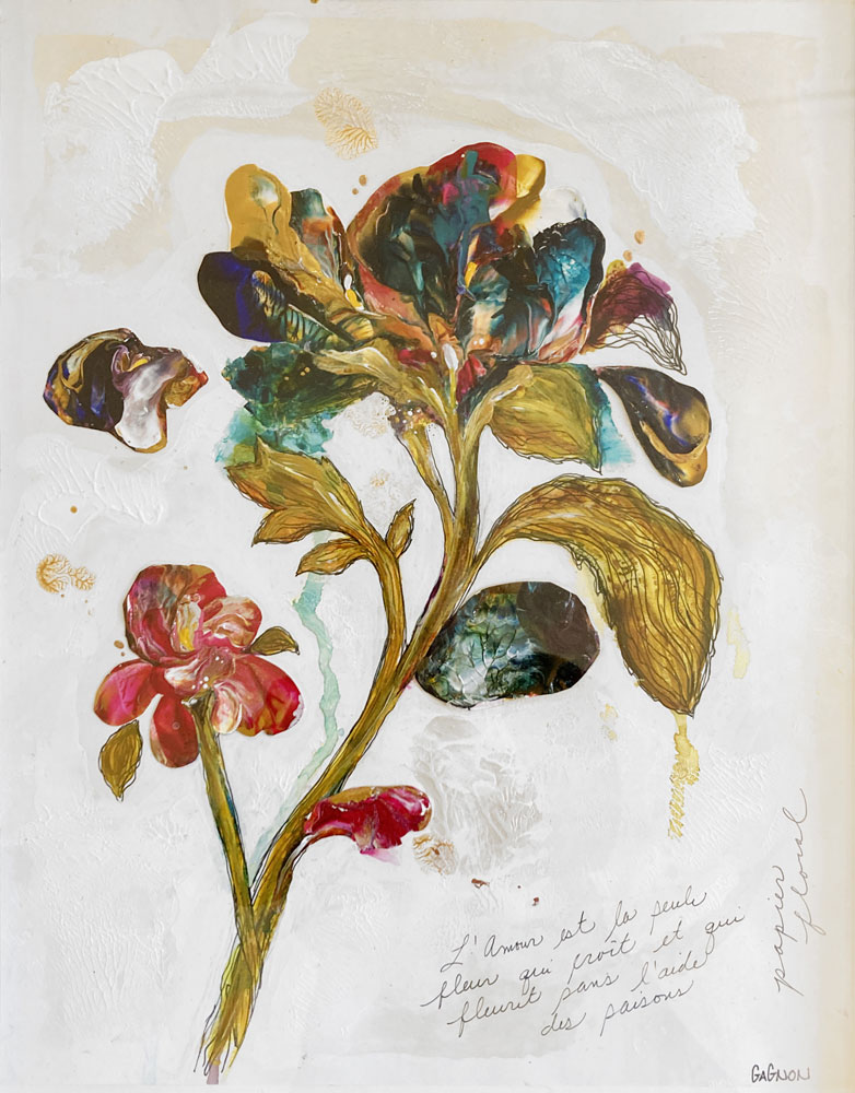 Peinture acrylique de fleur sur papier par Gagnon à vendre en galerie d'art à Montréal. « Citation No. 4 » disponible à la Galerie Blanche de Montréal.