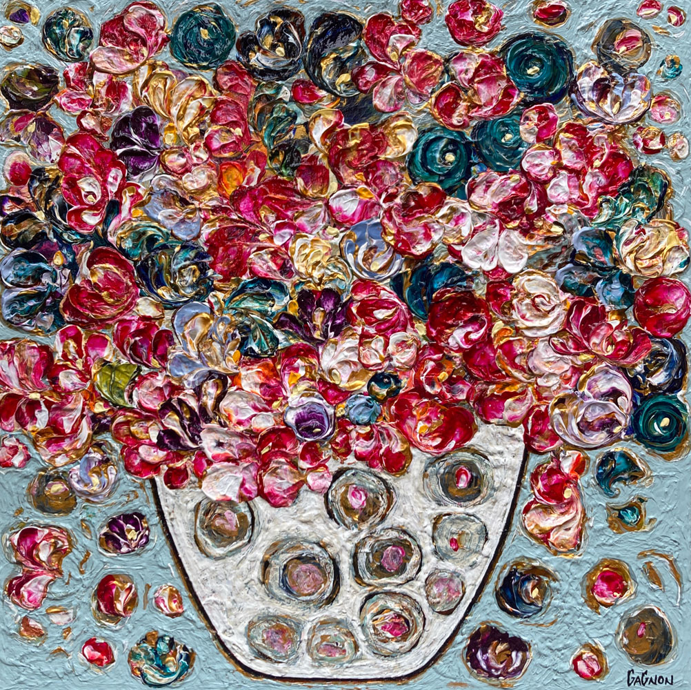 Peinture acrylique abstraite d'un pot de fleurs par Gagnon à vendre en galerie d'art à Montréal. « L'éclosion des dernières fleurs de l'été » disponible à la Galerie Blanche de Montréal.