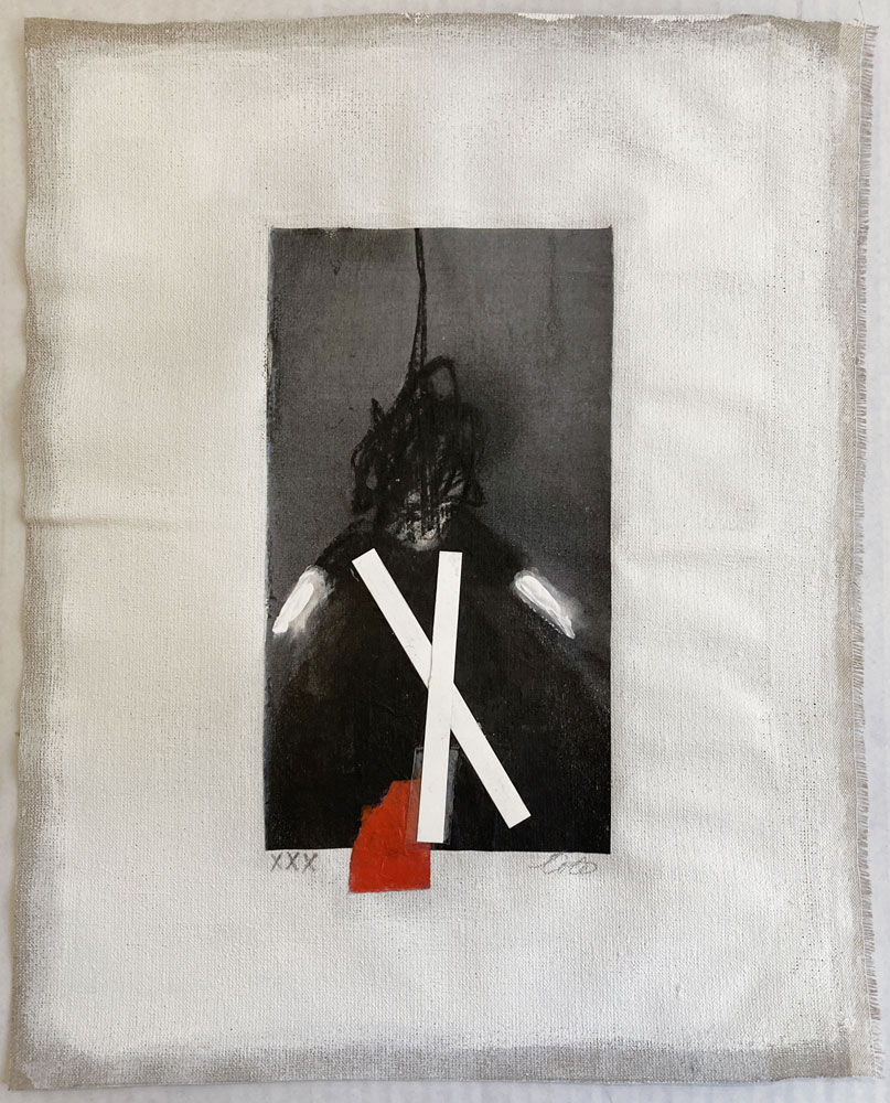 Techniques mixtes sur papier japonais portrayant une femme abstraite. « XXX » par Joann Côté à vendre à la Galerie Blanche de Montréal.