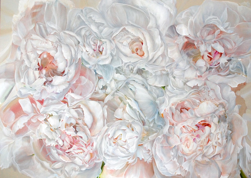 Roses abstraites en techniques mixtes sur toile « Kiss of Life » par Elle Belz. Art contemporain à vendre à la Galerie Blanche de Montréal.